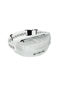Borsa a vita Givova bianca con zip nera e tracolla regolabile, caratterizzata da ripetuti simboli neri del logo.
