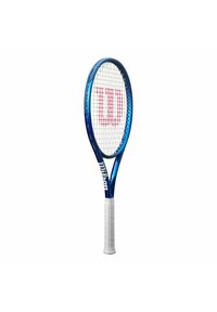Blaues Tennisracket mit einem weißen Griff und einem weißen Saitenmuster. Verfügt über ein rotes Logo, einen schlanken ovalen Schlägerkopf und ein leichtes Design.