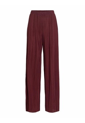 Pantalon large taille haute en bordeaux foncé avec texture plissée et ceinture élastique.