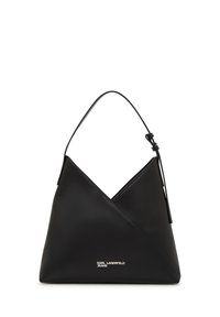 Black triangular leather handbag with single adjustable strap and silver "Karl Lagerfeld Jeans" logo on front center.