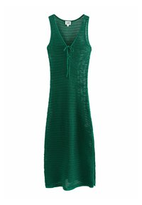 Groene gehaakte zomerjurk met een V-hals, verstelbare strik aan de voorkant en zijsplitsingen. Gemaakt van lichte stof, met een losse pasvorm.