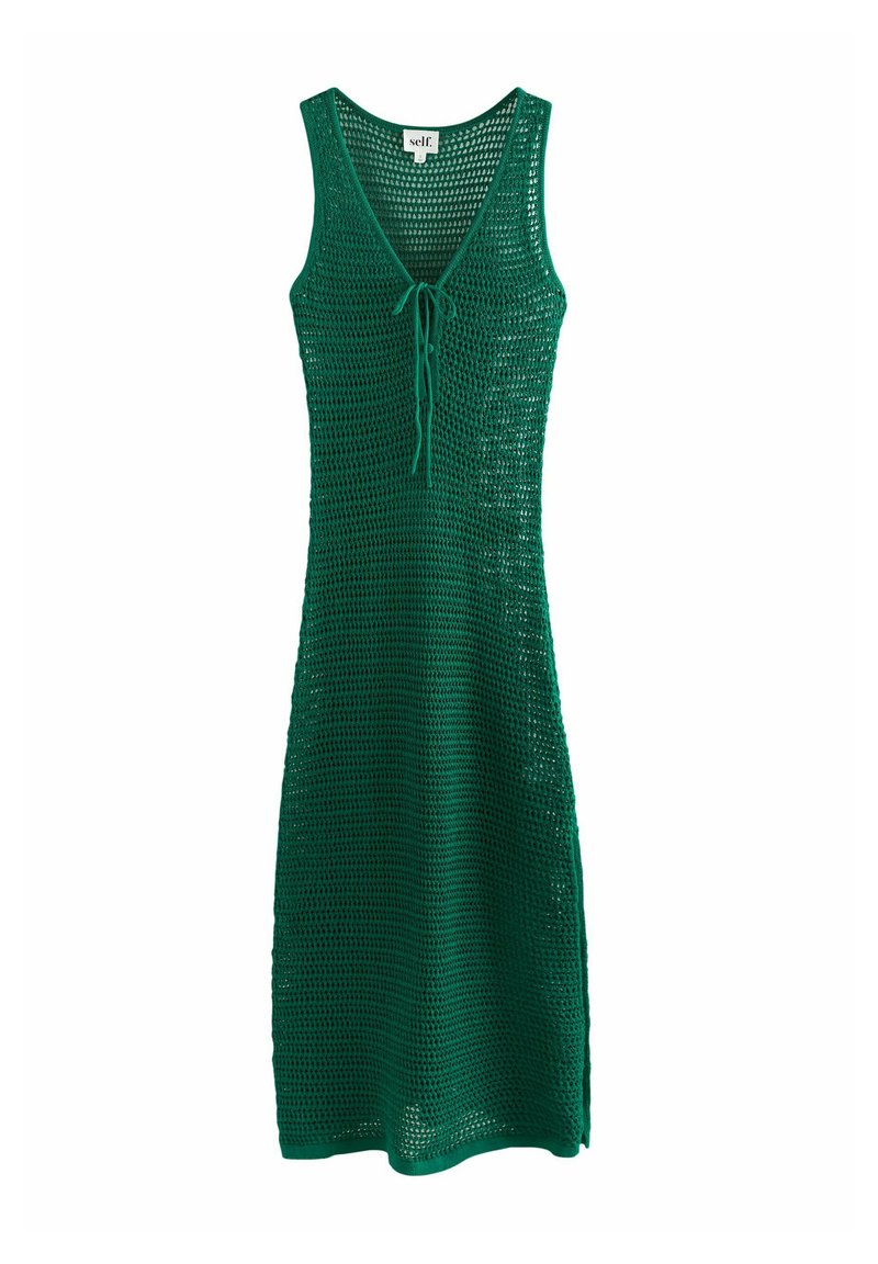 Groene gehaakte zomerjurk met een V-hals, verstelbare strik aan de voorkant en zijsplitsingen. Gemaakt van lichte stof, met een losse pasvorm.