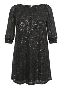 Robe en sequin noir avec un décolleté rond et des manches bouffantes trois-quarts. Caractéristiques d'un corsage ajusté et d'une jupe évasée, mettant en valeur une surface texturée.