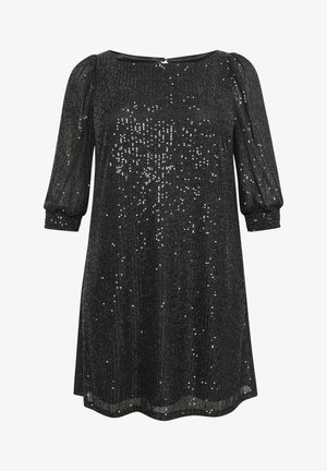 Abito nero in paillettes con scollatura rotonda e maniche a sbuffo di tre quarti. Presenta un corpino aderente e una gonna svasata, evidenziando una superficie texturizzata.