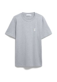 Grijze katoenen t-shirt met korte mouwen, ronde halslijn en een klein wit lintlogo op het linkerbovenbeen. Zachte textuur en casual pasvorm.