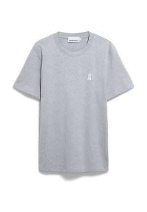 Graues Baumwoll-T-Shirt mit kurzen Ärmeln, rundem Halsausschnitt und kleinem weißen Ripsband-Logo auf der linken Brustseite. Weicher Stoff und lässige Passform.