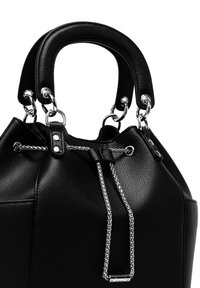 Black leather bucket bag with dual handles, silver hardware, drawstring closure, and textured exterior. Features metallic chain detail.
