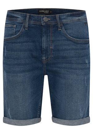 Tumši zili džinsi šorti ar vieglu nolietojumu, ar salocītu apakšmalu, piecām kabatām un kontrastējošu šuvju detaļu.