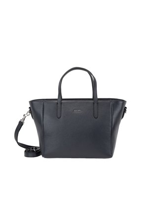 Bolso de mano negro de cuero con dos asas cortas, una correa larga desmontable y un pequeño logo JOOP! en el centro delantero.