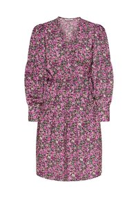 Robe florale avec un fond noir orné de fleurs roses et blanches, manches bouffantes longues, décolleté en V et taille froncée.