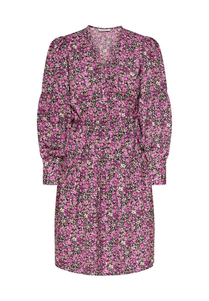 Robe florale avec un fond noir orné de fleurs roses et blanches, manches bouffantes longues, décolleté en V et taille froncée.