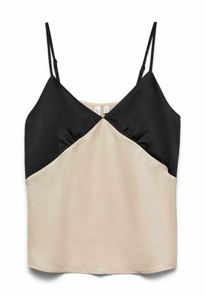 Camisole pour femmes sans manches avec bretelles fines ajustables, partie supérieure noire et partie inférieure beige avec un contraste de couleur en forme de V.