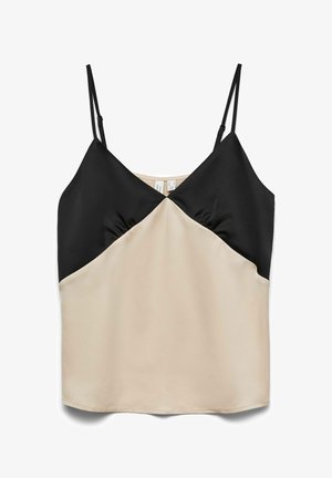 Varrukateta naiste kamisol peenete reguleeritavate rihmadega, must ülemine osa ja beež alumine osa V-kujulise värvikontrastiga.