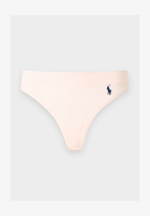 Gaiši bēšas sieviešu bikini biksītes ar plānu elastīgu jostu un mazu tumszilu izšūtu polo spēlētāja logo labajā gurnā.