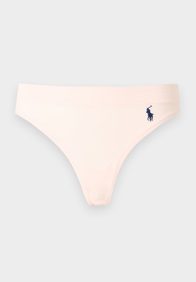 Jasnobeżowe damskie bikini z cienkim elastycznym pasem i małym granatowym haftowanym logo gracza polo na prawym boku.