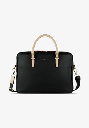 Sac messenger en cuir noir avec une finition texturée, poignées beiges et quincaillerie en argent. Comprend une bandoulière réglable et une fermeture éclair.