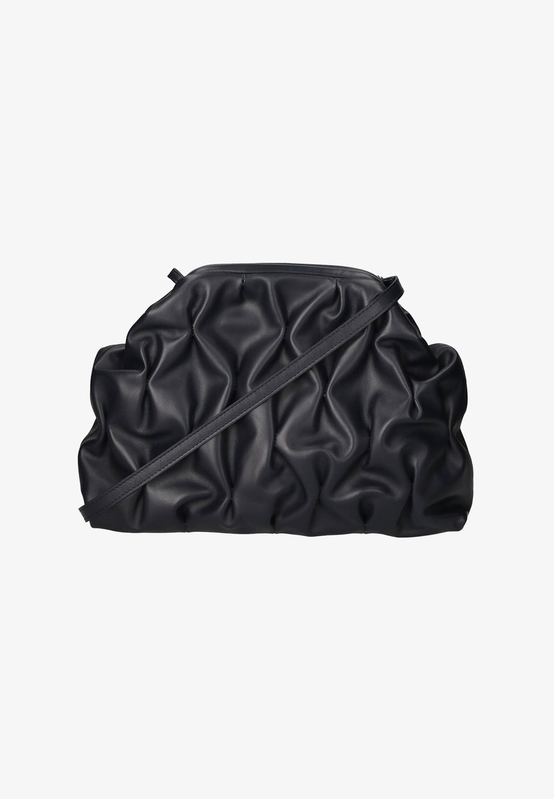 Borsa a tracolla in pelle nera con texture, design arricciato, chiusura con zip e tracolla sottile regolabile.