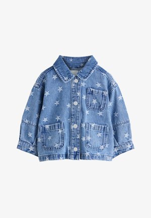 Denimjakk valgete tähemustrite, esiotsanuppude, kolme plaastritasku ja voltidega kraega.