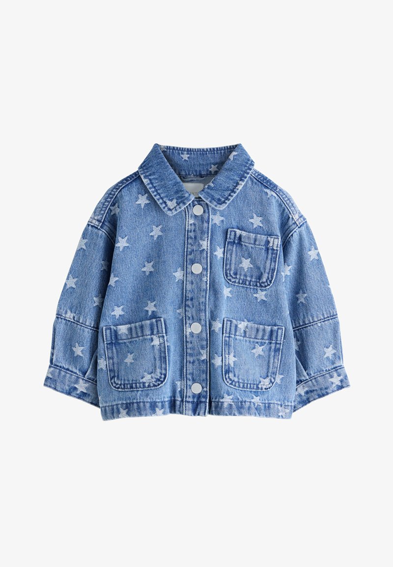 Veste en denim avec motifs d'étoiles blanches, boutons sur le devant, trois poches plaquées et col replié.