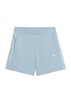 Pantaloncini sportivi azzurri con vita elastica, tasche laterali, logo Puma bianco sulla gamba sinistra e dettagli con logo Puma bianco sui pannelli laterali.