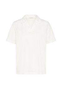 Witte polo met korte mouwen en een V-hals, gemaakt van zachte stof. Heeft een klassieke kraag en een ontspannen, boxy fit.