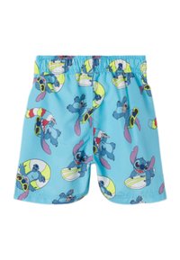 Blue swim shorts with an elastic waistband, featuring a repeating pattern of cartoon characters on surfboards and wearing sunglasses.