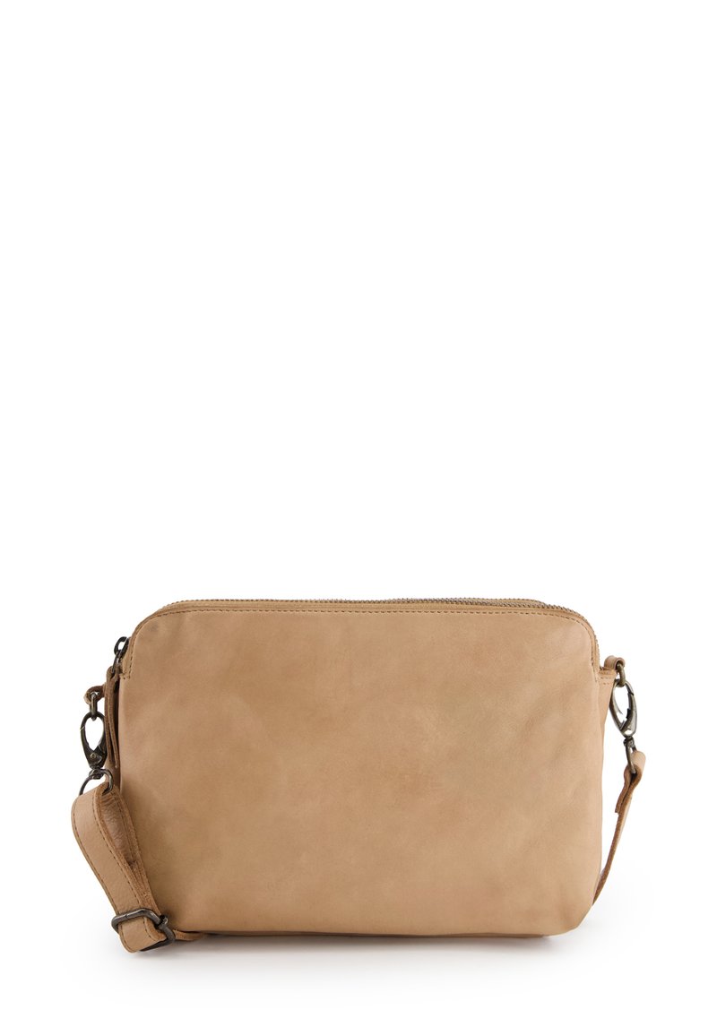 Tan leather crossbody bag with a smooth finish, zip closure, and detachable strap. Rounded rectangular shape with minimal hardware accents.