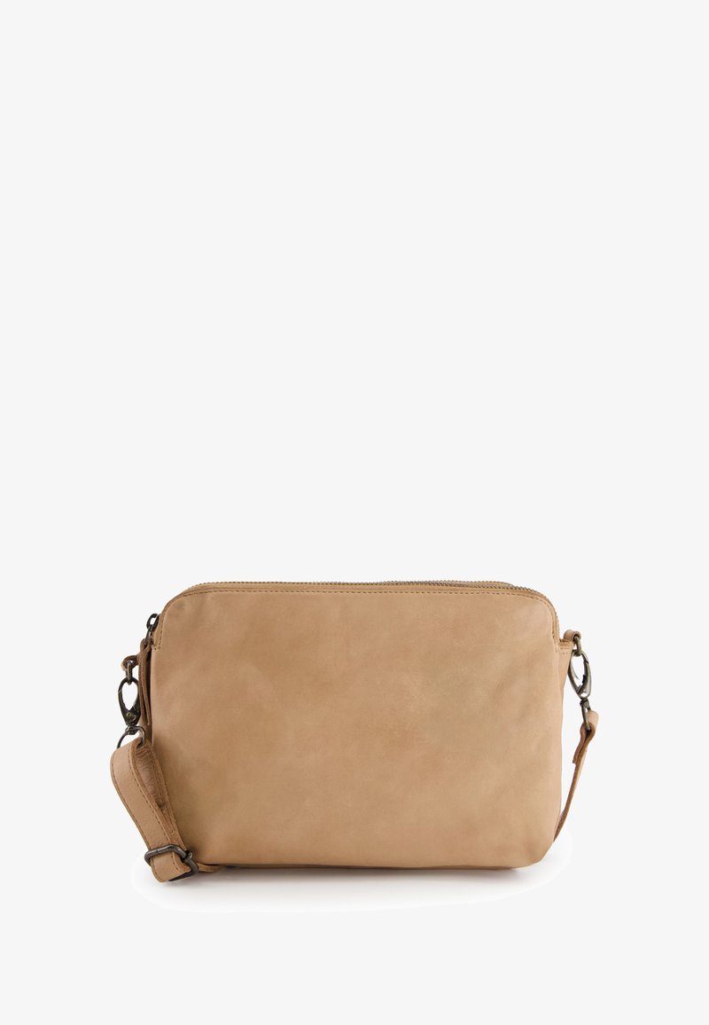 Tan leather crossbody bag with a smooth finish, zip closure, and detachable strap. Rounded rectangular shape with minimal hardware accents.
