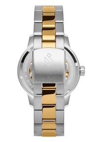 Stålur med guld accenter, med en borstad och polerad metallarmband, logotyp på spännet, rund urtavla med baksidan som vy.