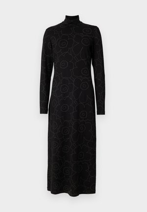 Long black dress with long sleeves and a high neck. Features a floral pattern in a lighter shade. Made from a smooth, stretchy fabric.