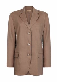 Brązowa dopasowana marynarka wykonana z lekkiego materiału, z klapami w stylu notched, pięcioma guzikami, dwoma przednimi kieszeniami oraz jedną kieszenią na piersi.