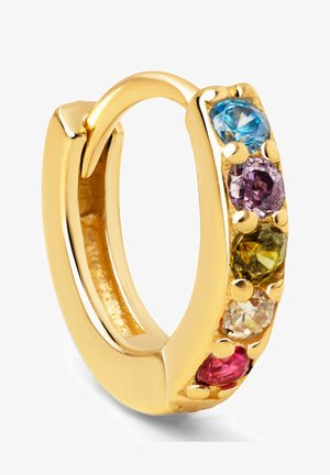 Guld hoops ørering med fem farvede ædelstene: blå, lilla, grøn, klar og pink. Designet er glat med en poleret finish.