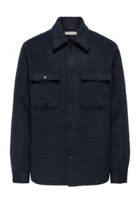 Granatowa kurtka koszulowa z mieszanki wełny o fakturowanym wykończeniu, z zatrzaskami, dwoma kieszeniami na piersi i szpiczastym kołnierzykiem.
