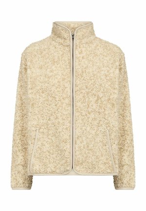 Crèmekleurig fleecevest met een volledige ritssluiting aan de voorkant, opstaande kraag en twee voorzakken, gemaakt van een zachte, getextureerde stof.