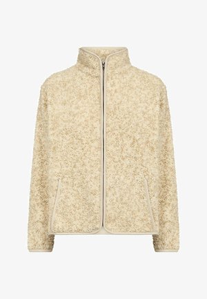 Giacca in pile color crema con cerniera frontale completa, colletto alla coreana e due tasche frontali, caratterizzata da un tessuto morbido e dalla texture strutturata.