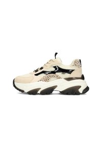 Chunky beige and black sneaker featuring mesh and suede textures, with a thick white and black sole, presented from the side.