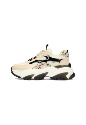Sneaker chunky beige e nera con texture in mesh e suede, dotato di una suola spessa bianca e nera, presentato di lato.