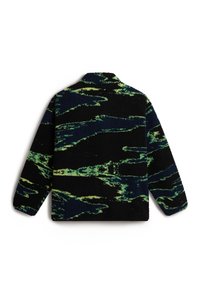 Veste en polaire noire avec des motifs abstraits en rayures vertes et bleues, manches longues et col montant, vue de dos sur un fond blanc.