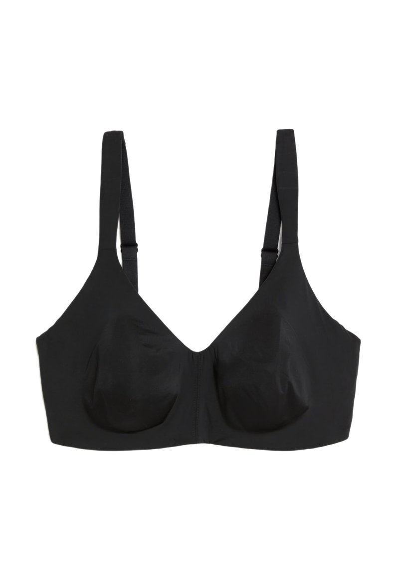 Sujeción negra con tejido suave, tirantes anchos y un diseño de escote en V. Cuenta con copas moldeadas suaves y hardware mínimo para un aspecto sin costuras.