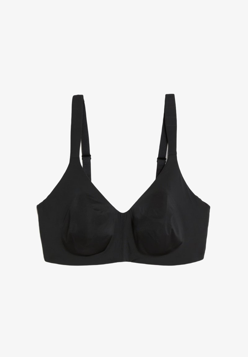 Sujeción negra con tejido suave, tirantes anchos y un diseño de escote en V. Cuenta con copas moldeadas suaves y hardware mínimo para un aspecto sin costuras.