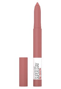 Crayon encre Super Stay de Maybelline dans une couleur rose mat, en forme cylindrique avec un design à tourner, dotée d'une étiquette blanche pour le branding.