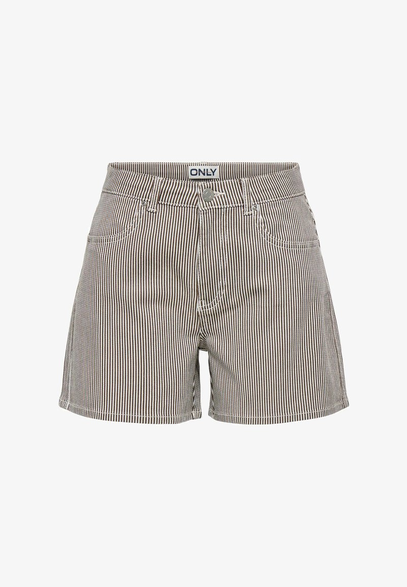Short en denim taille haute à rayures verticales beige et blanches avec poches avant, passants pour ceinture et fermeture par bouton.