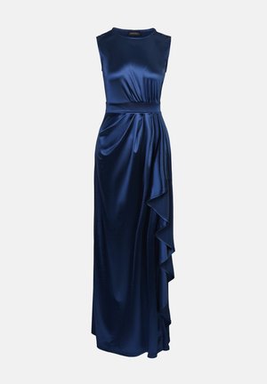 Vestido de satén sin mangas en color azul marino con un corsé ajustado y un detalle de volantes en cascada a lo largo del costado. Textura suave, diseño de largo hasta el suelo.