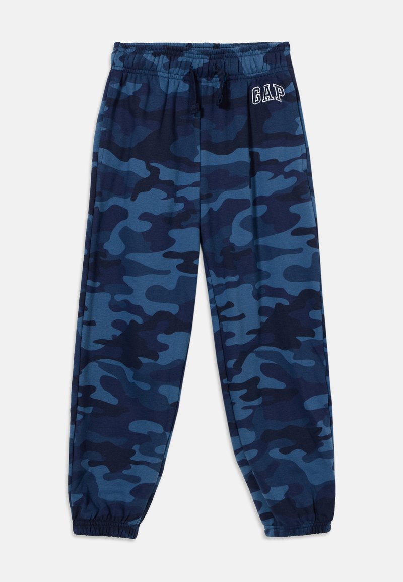 Pantalon de jogging bleu et camouflage foncé avec ceinture élastique, cordon, poignets élastiques et logo "GAP" sur la hanche gauche.