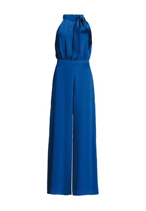 Blå jumpsuit med halterneck og sløjfedetalje, med en tætsiddende overdel og brede bukser, lavet af tekstureret stof.