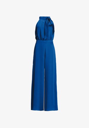 Jumpsuit blu con collo all'americana e dettaglio a fiocco, caratterizzato da un corpetto aderente e pantaloni a gamba larga, realizzato in tessuto strutturato.