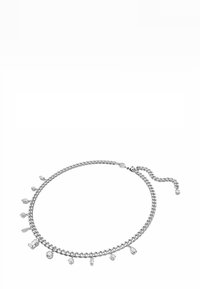 Silberne Halskette mit Kette und klaren Kristallen in verschiedenen Formen, die vorne angeordnet sind, mit einem strukturierten Kettenglied-Design und verstellbarem Verschluss.