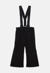 Čierne snehové nohavice s nastaviteľnými značkovými trakovými pásmi a bočnými vreckami, navrhnuté na zimné športy alebo vonkajšie aktivity.