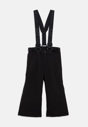 Melni sniega bikses ar regulējamām emblēmas siksnām un sānu kabatām, paredzētas ziemas sporta aktivitātēm vai āra aktivitātēm.