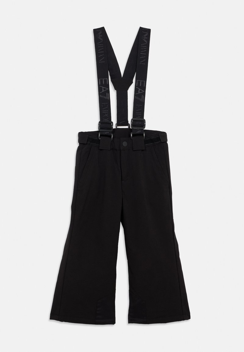 Čierne snehové nohavice s nastaviteľnými značkovými trakovými pásmi a bočnými vreckami, navrhnuté na zimné športy alebo vonkajšie aktivity.